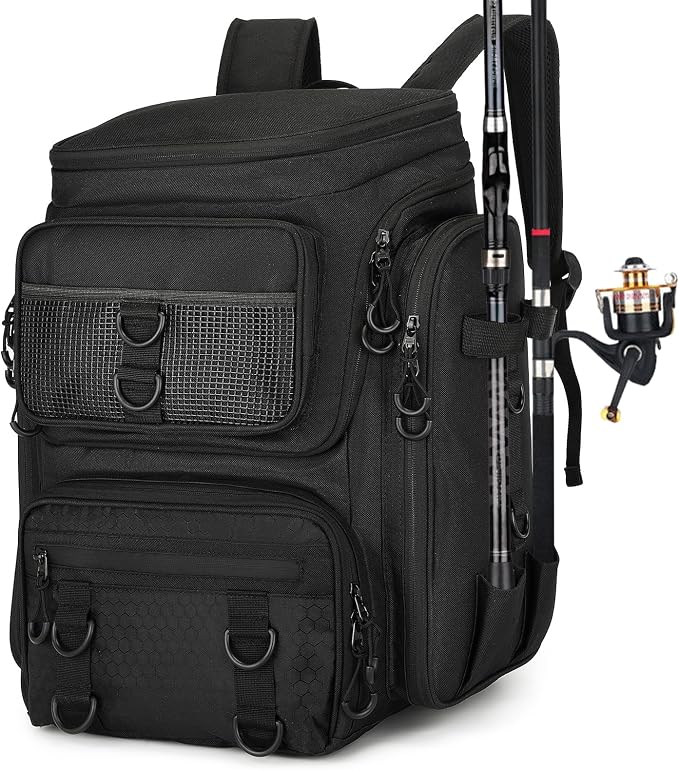 Fishing Backpack with Rod Holder, Durable Waterproof Fishing Bag, 42L Large Capacity Tackle Box Backpack (Black)