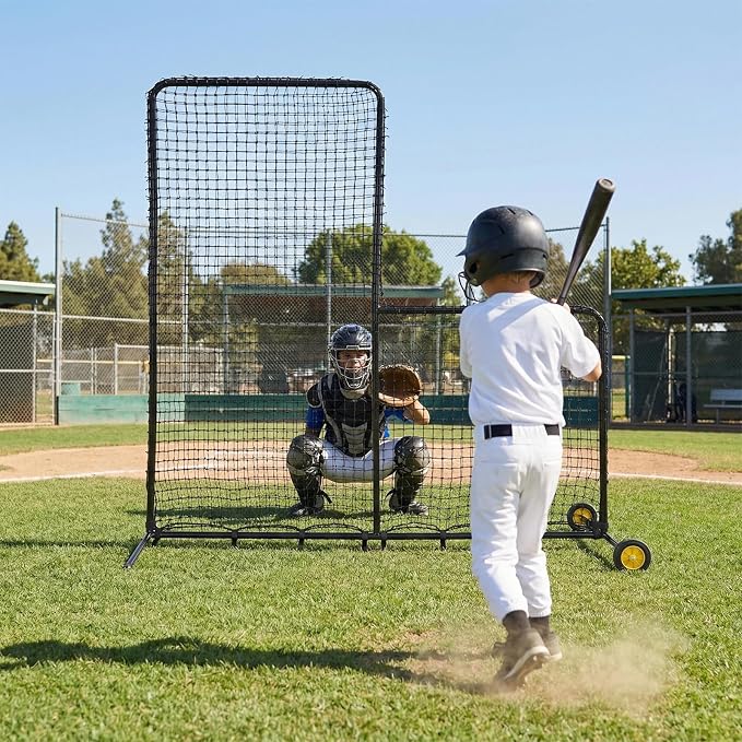 7x7FT L-Shaped Baseball Pitching Net with Wheels,Portable Steel L Screen,Protective Pitcher Screen Netting for Batting Cage, Softball & Tee-Ball Practice (All Skill Levels)