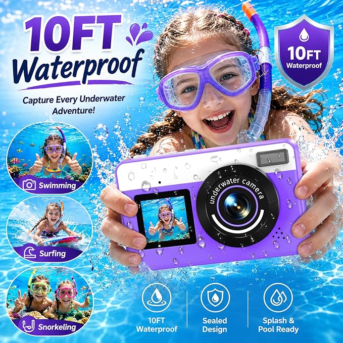 Maxmango D70 Underwater Camera, 10FT Waterproof Digital Camera for Pool & Beach, 4K 48MP Teens Underwater Cam with Dual Screens, Autofocus, 18X Zoom, Floating Camera for Boys Girls Purple(16GB)