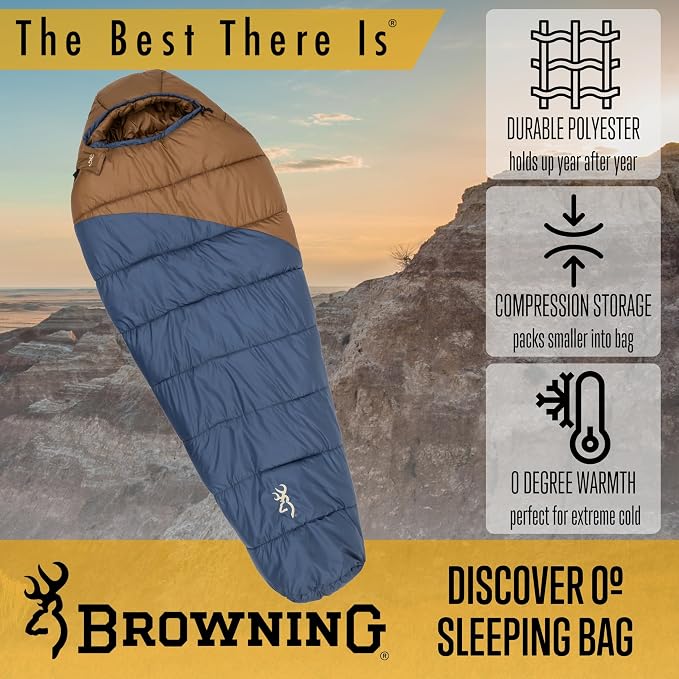 Browning Discover Sleeping Bag – Extreme Cold Weather Mummy Sleeping Bag with TechLoft Silver Insulation, Draft Collar & Durable Shell for Winter Camping, Backpacking & Outdoor Adventure