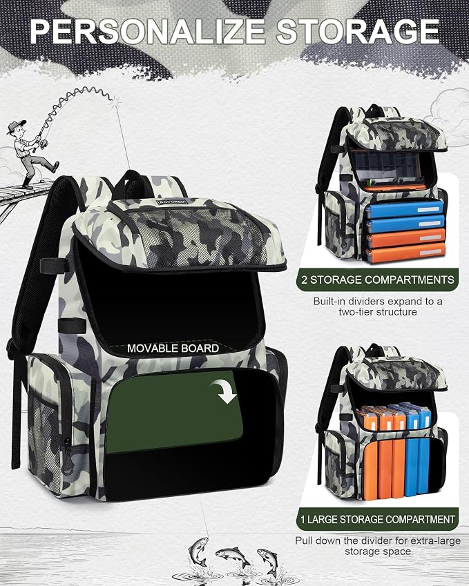 Fishing Backpack, Large Water Resistant Tackle Bag Storage Fishing Gear and Equipment, Built-in Cooler Compartment Grey