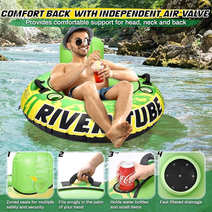 53" Heavy Duty River Tube for Floating with Canvas Cover, Tubing Floats for Lake Pool, Inflatable Water Tube for Floating with Cup Holders Handles Headrest, River Raft Carry 300lb of Adults