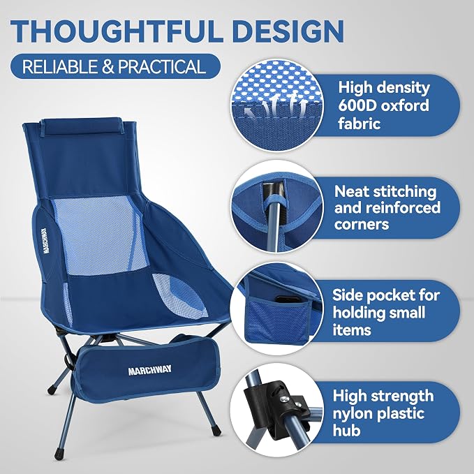MARCHWAY Lightweight Folding High Back Camping Chair with Head Support, Stable Portable Compact for Outdoor Camp, Travel, Beach, Picnic, Festival, Hiking, Backpacking (Highback Dark Blue)