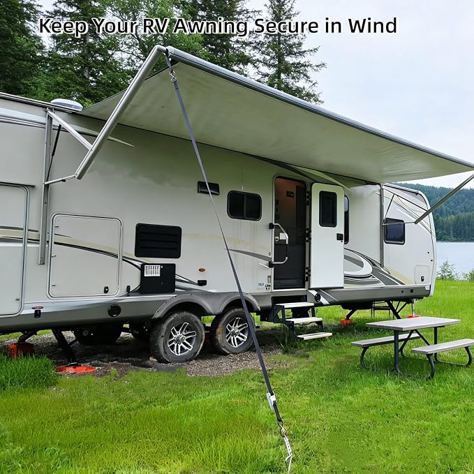 RV Awning Tie Down Kit for Wind-Proof - WanDwel Heavy Duty Camper Anchors Canopy Support Part with Shock Absorbing Spring & 13ft Ratchet Straps for Outdoor Travel Trailer Accessories Set