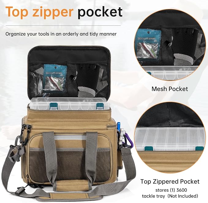 Fishing Tackle Bag - Holds 3400-3600 Size Tackle Boxes (Kahki) | Fit Saltwater & Freshwater & Night Fishing, Reflective Strip Design, Durable Material, Lagre Capacity, Padded Shoulder Strap