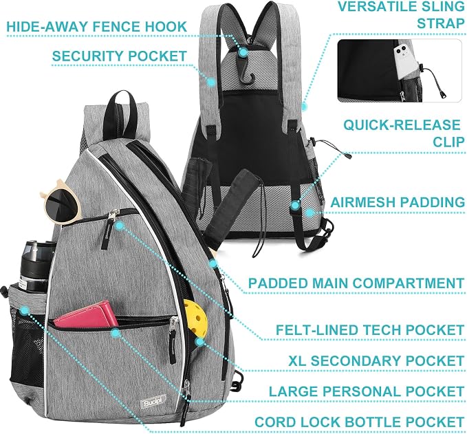 Sucipi Pickleball Bag - Men's & Women's Pickleball Backpack, Adjustable Sling Bag w/Fence Hook/Large Capacity/Safety Pocket