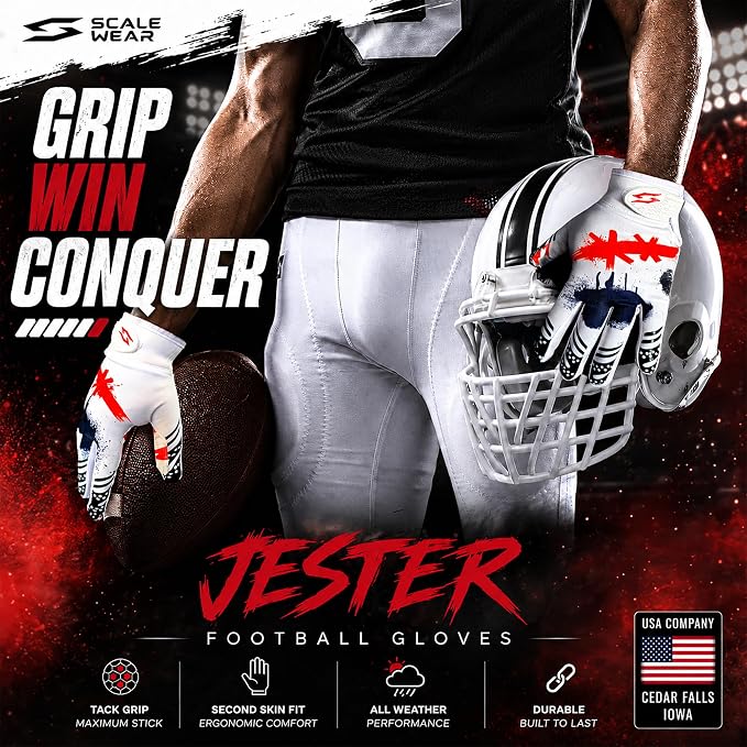 Jester Football Receiver Gloves White – White with Red Joker Smile Battle College Lineman Tacky Pro Grip Palms Football Gloves Men Adult Youth Kids Boys Unleash Your Venom