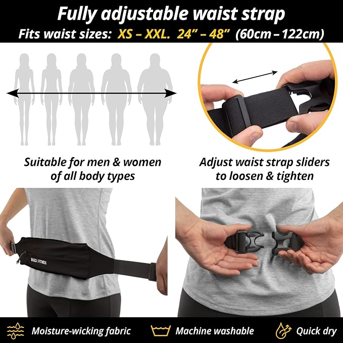 BUILD & FITNESS Zipper Running Belt – Adjustable Waist Pack, Slim, Light, YKK Zip, Secure Key Clip – Fits ALL Cell Phones, Keys, Cards, GU's – For Men & Women – Fitness, Run, Jog, Gym, Cycle, Hiking