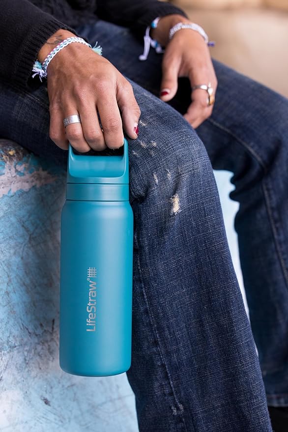 LifeStraw Go Series — Insulated Stainless Steel Water Filter Bottle for Travel and Everyday Use Removes Bacteria, Parasites and Microplastics, Improves Taste, 24 oz, Nordic Noir