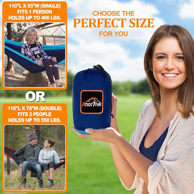 AnorTrek Camping Hammock, Super Lightweight Portable Parachute Hammock with Two Tree Straps Single or Double Nylon Travel Tree Hammocks for Camping Backpacking Hiking