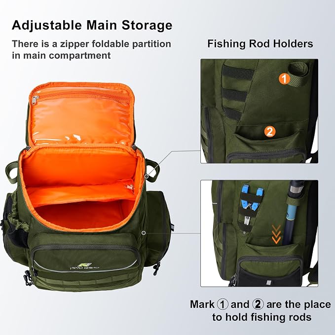 N NEVO RHINO Fishing Tackle Backpack with Rod Holders, 40L Large Fishing Bag with Waterproof Rain Cover,Outdoor Tackle Bag
