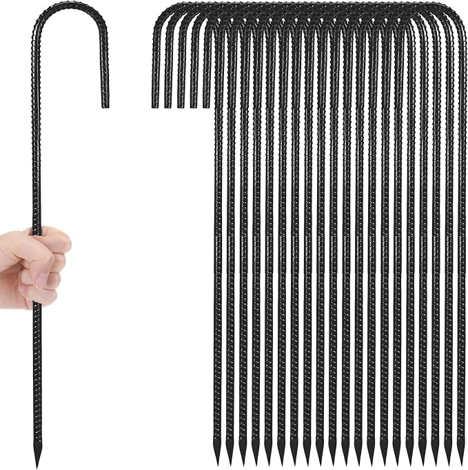Gisafai 20 Pcs 36 Inch J Hook Rebar Stakes, Garden Ground Stakes Heavy Duty Tent Stake Ground Anchors Steel Plant Support Stake Long Straight Metal Spikes with Chisel Point End for Concrete Timber