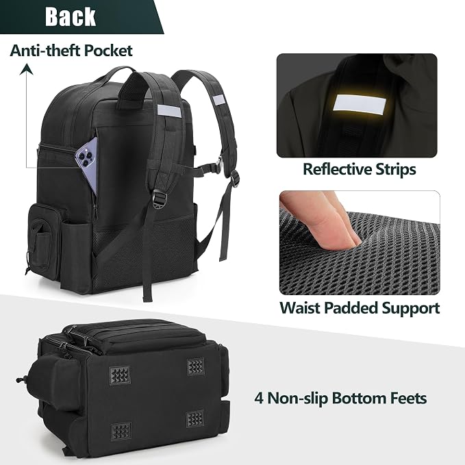 Rexmica 35L Fishing Tackle Backpack Bag with Cooler, Fishing Rod Bag Holds 2 Rods & Reels for Tackle Boxes or Other Fishing Gear, Fishing Pole Backpack, Black