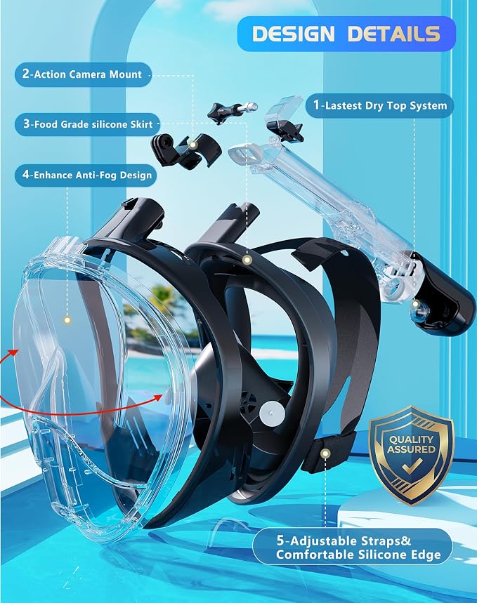 Greatever Full Face Snorkel Mask, Snorkeling Gear for Adults with Latest Dry Top Breathing System and Detachable Camera Mount, Foldable Snorkel Set for Family Snorkeling Trips, Anti-Fog & Anti-Leak