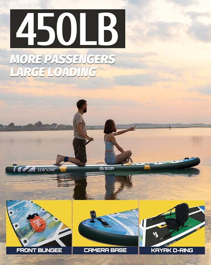 ESUP Extra Wide Inflatable Paddle Board 11’6" ×34/35" ，Super Stable Stand Up Paddleboards for 2 Person/Family/Large Size, Inflatable SUP with Paddle, Pump & Shoulder Strap