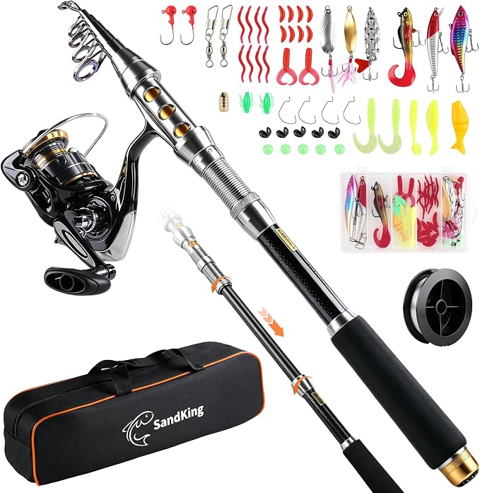 Fishing Pole Kit, Carbon Fiber Telescopic Fishing Rod and Reel Combo with Spinning Reel, Line, Bionic Bait, Hooks and Carrier Bag, Fishing Gear Set for Beginner Adults