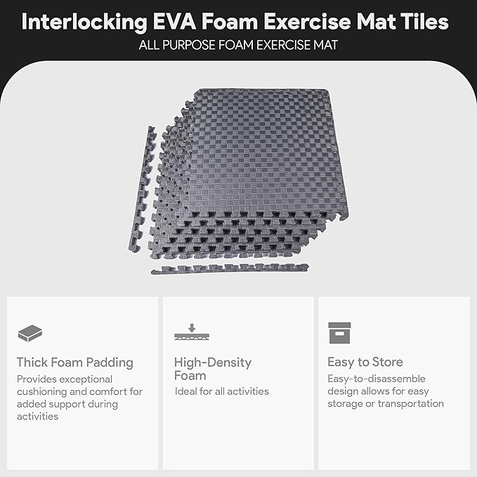 BalanceFrom Puzzle Exercise Mat 1" Thick, EVA Interlocking Foam Floor Tiles for Home Gym, Mat for Home Workout Equipment, Floor Padding for Kids, Gray, 24 in x 24 in x 1 in, 24 Sq Ft - 6 Tiles