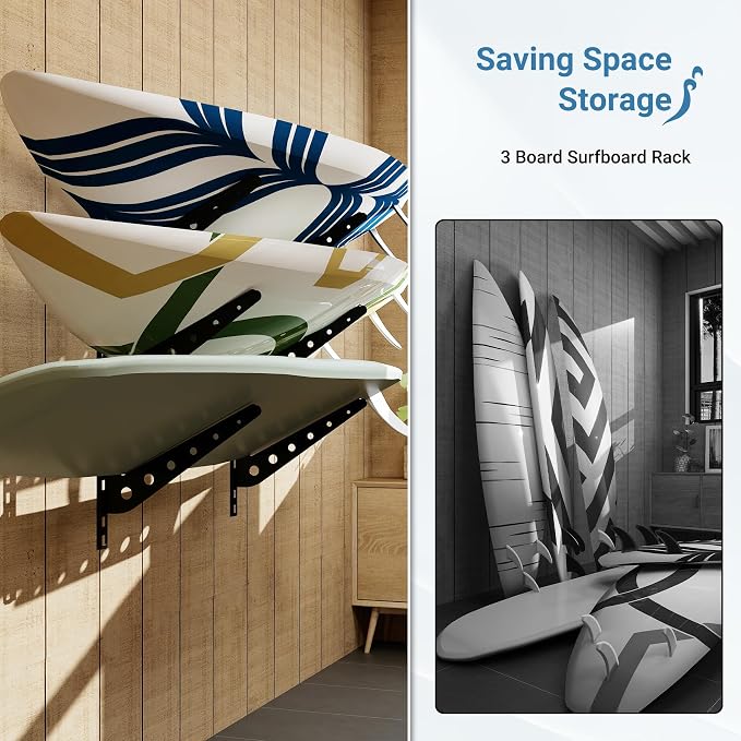 2/3/4/6 Board Horizontal Surfboard Rack, Adjustable Surfboard Wall Mount Display, Surfboard Wall Rack Board Storage Mount System at Home and Garage