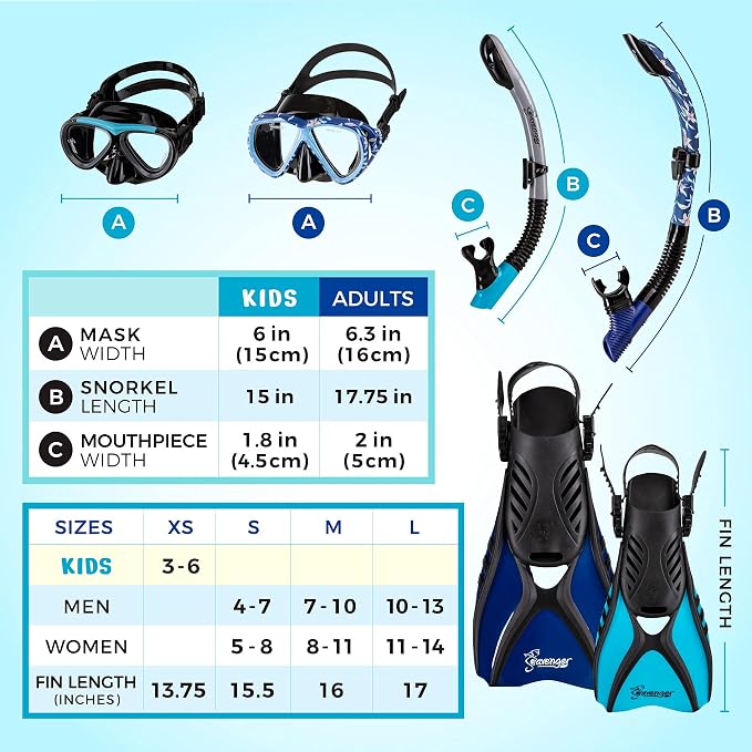 Seavenger Hanalei Anti-Fog 4-Piece Snorkeling Set with Soft-Flex Dry Snorkel, Adjustable Open-Heel Fins, Twin-Lens Mask, and Mesh Bag