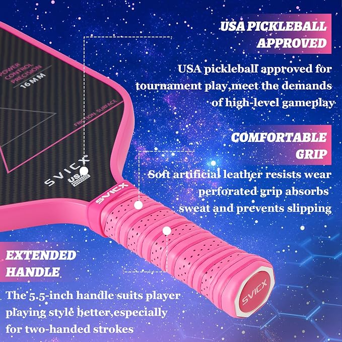 Carbon Fiber Pickleball Paddle 16mm – Professional Pickleball Paddles with Superior Control, Power & Spin – Extended Handle for Two-Handed Grip, USAPA Approved