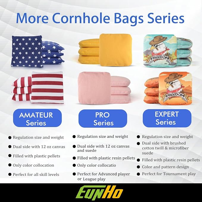 EunHo Regulation Cornhole Bags Set of 8 - Dual Sided Slick and Stick Cornhole Bean Bags for Tossing Game Professional All Weather Pro Corn Hole Bags with Tote Bag