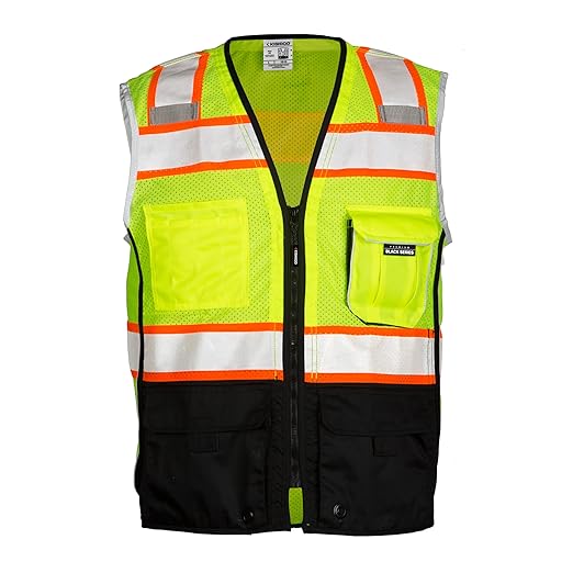 Kishigo Unisex High Visibility Reflective Premium Black Series Black Bottom Vest 1515, Zipper Closure, Polyester, ANSI 107 Type R/Class 2, Construction, Utility, Waste Management (Lime, 2X)