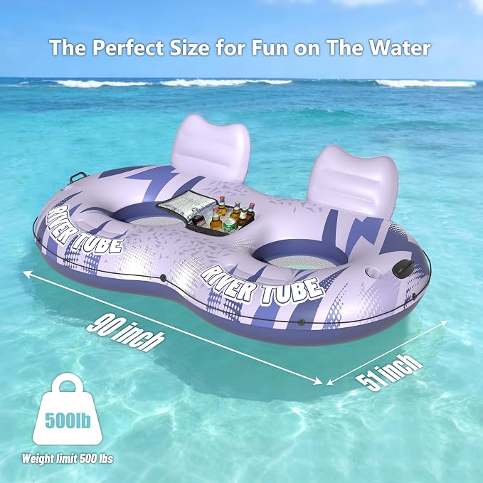 JOSEN Inflatable River Tube Float - 2 Person Heavy Duty River Float, Pool Floats Adult, Lake River Floats Water Tubes for Floating with Removable Cooler & Cupholders for Summer Relaxation
