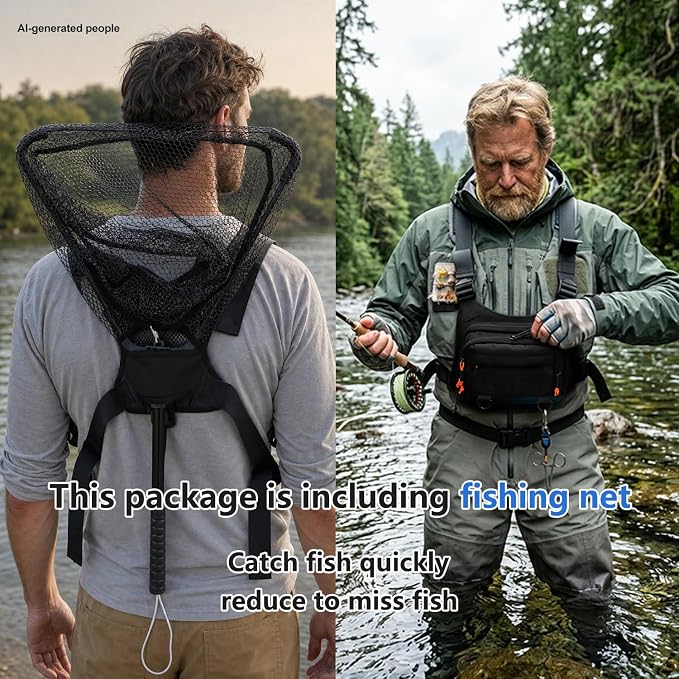 Fishing Chest Pack Vest Bag w/ Fish Floating Landing Net, Tackle Box, Fishing Lures Kit, Hook Remover, Fish Lip Gripper, Fishing Plier Friendly for Beginners Gifts for Men (w/ Fish Net) (Black)