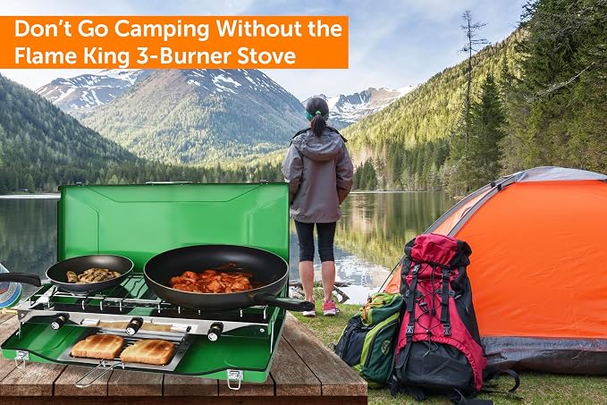 Flame King YSNBBQ-136M 3-Burner Portable Camping Stove Grill w/Toast Tray, Great for Outdoor Cooking, Backpacking, Hiking, & Emergency, Compatible with 1LB Propane Gas Bottle