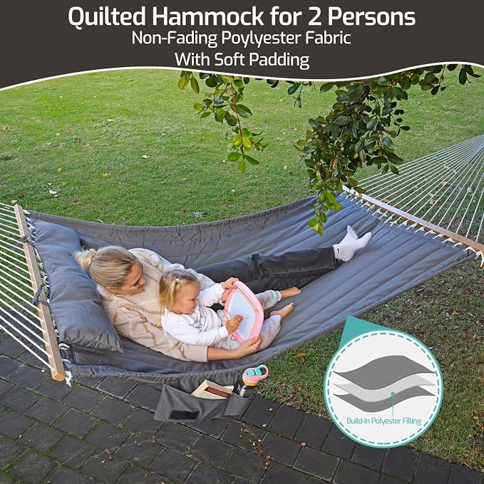 Double Quilted Fabric Hammock with Hardwood Spreader Bars and Pillow 450 LBS Capacity 2 Person Large Hammock for Outdoor Patio Backyard Poolside - Brown Stripe