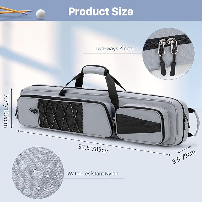 GOBUROS 4x5 Pool Cue Case, Billiard Stick Carrying Case Holds 4 Butts and 5 Shafts, Soft Pool Stick Bag with Large Front Accessories Pockets and Shoulder Strap for Easy Carry