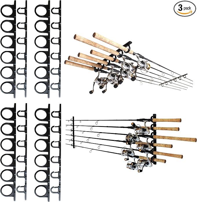 Rush Creek Creations Set of 4 Adaptable 6, 12, 18, or 24-Rod Horizontal Wall-Mount Fishing Pole Holders, Ceiling or Wall Fishing Rod Racks for Garage, Fits Most 0.12" to 0.75" Diameter Rods