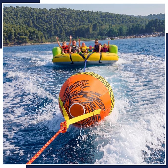 Silipull Towable Booster Ball with 60 ft Tow Rope, 4100 lb Break Strength, Inflatable Towable Tube Ball with Rope Float for Boating, Water Sports, Tubing & Speedboats, Orange