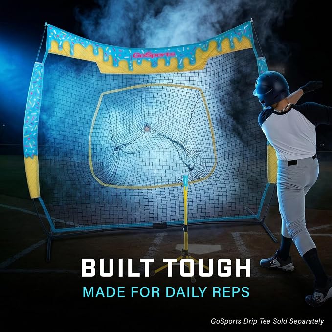 GoSports 7 ft x 7 ft Baseball & Softball Nets - Red, Black, Drip or PRO - Practice Hitting & Pitching Net with Bow Type Frame, Carry Bag and Strike Zone, Great for All Skill Levels