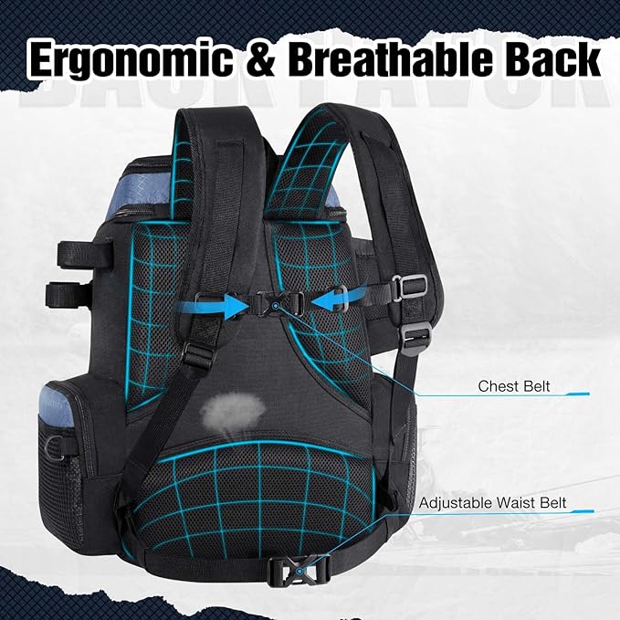 Piscifun Fishing Tackle Backpack with Rod Holders & 4 Tackle Boxes, 42L Outdoor Fishing Bag with Waterproof Rain Cover