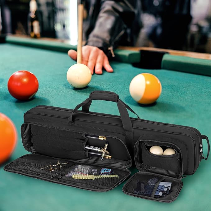 GOBUROS 4x5 Pool Cue Case, Billiard Stick Carrying Case Holds 4 Butts and 5 Shafts, Soft Pool Stick Bag with Large Front Accessories Pockets and Shoulder Strap for Easy Carry