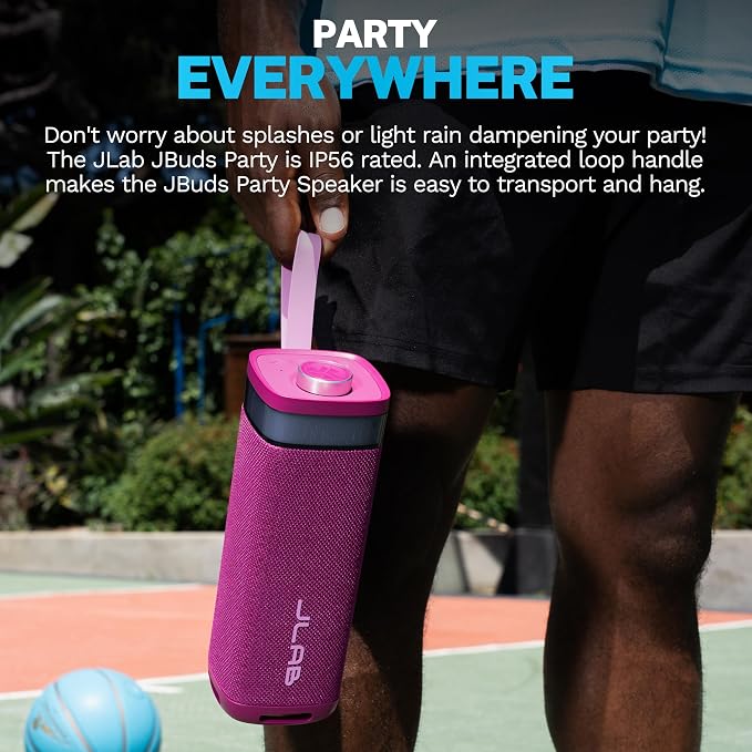JLab, JBuds Party, Portable Bluetooth Speaker, Waterproof Outdoor Speaker, RGB Lighting, Multi-Speaker Connect, Mulberry