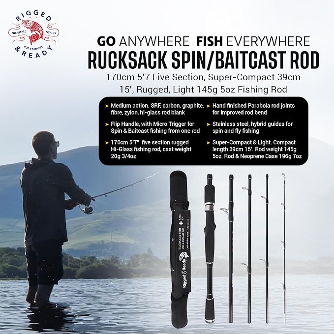 Rigged and Ready Travel Fishing Rucksack Rod 6’ 182 cm. Compact Length 15.5’ 40 cm