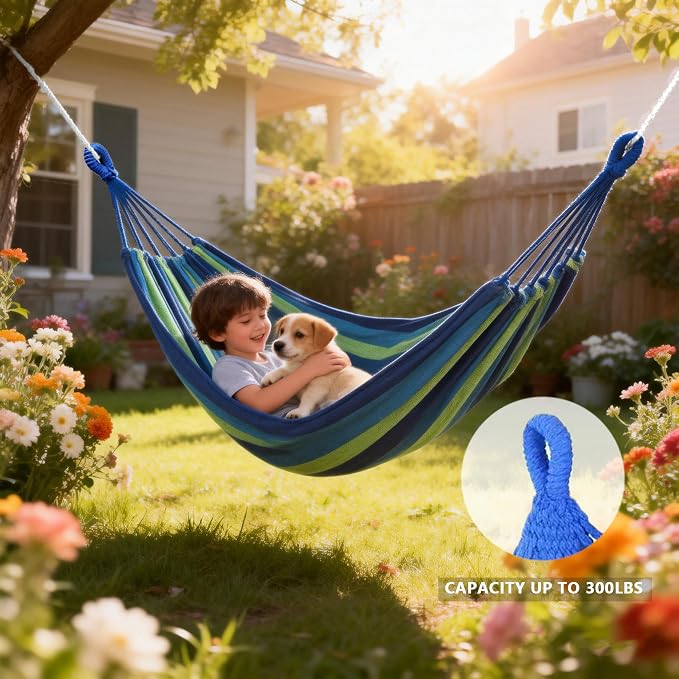 Outdoor Amacas Garden Camping Hammock, Portable Canvas Fabric Hammock for Patio Yard Garden Backyard Porch Travel, 300 lbs Maximum Weight Capacity