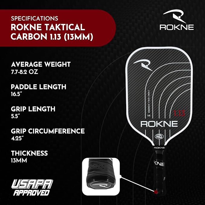 ROKNE Taktical Carbon Series, Pickleball Paddle, 3K Raw Carbon Fiber, Thermoformed Foam Lined Edge, 13MM or 16MM, USAPA Approved Pickleball Racket, High Grit Texture, Max Spin
