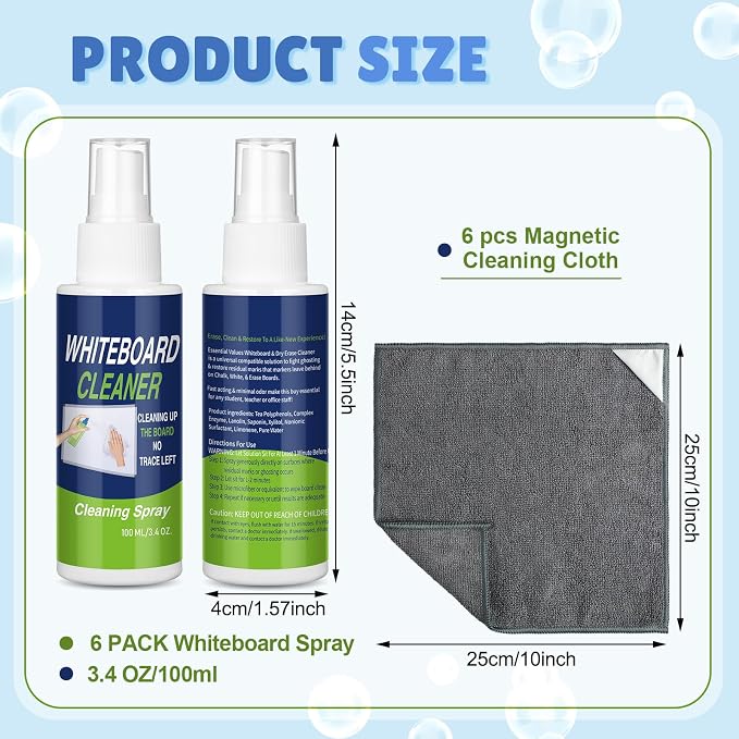 Fuyoooo 12 Pcs Whiteboard Cleaner Spray Dry Erase Board Cleaner with Magnetic Cloth White Board Cleaning Spray Removes Stubborn Marks from Whiteboards Chalkboard(100ml)