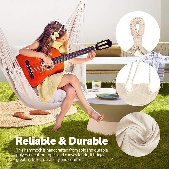 KPX Ourdoor Hanging Hammock Chair – Comfortable Tree Swing Chair Large Size 110X130cm（Without Pillows） - 330 Lbs Weight Capacity (White)