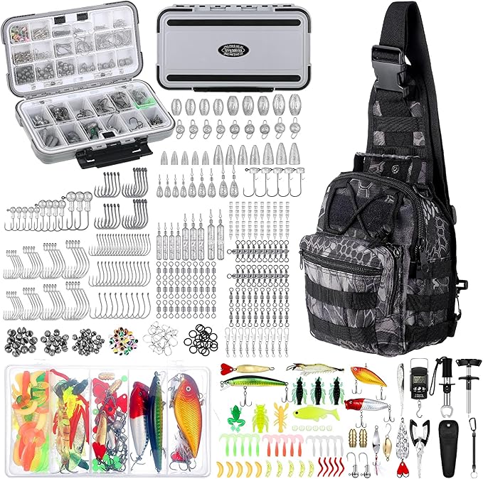Seenelling 482 Pcs Fishing Tools Kit Fishing Accessories Kit Include Fish Hook Lures Hook Remover Lip Gripper Backpack for Men Women Gifts