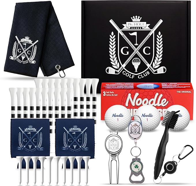Golf Gift Kit | Includes - Towel, Club Brush, Ball Marker, Divot Repair Tool, Premium Golf Balls, Long & Short Tees, Koozies, Golf Gifts for Men & Women, Golf Kit, Ideas