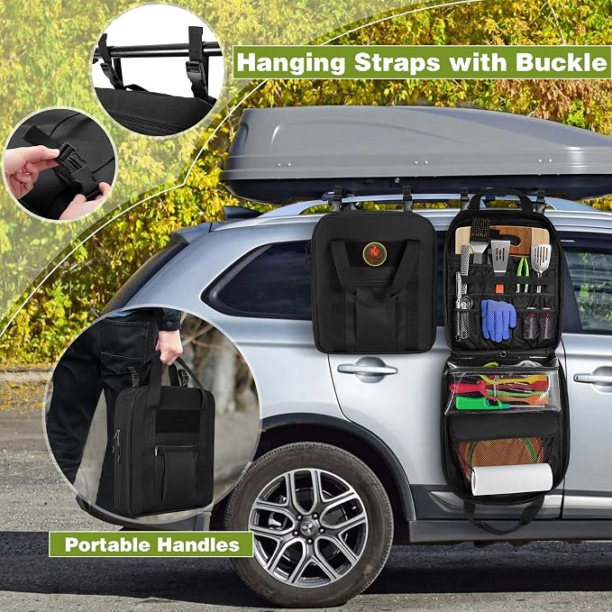 HODRANT Hanging Camp Utensil Organizer & Anti-oil BBQ Grilling Apron, Camping Kitchen Cookware Bag with Towel Paper Holder & Cooking Apron for Men & Women with Dual Shoulder Straps & Adjustable Buckle