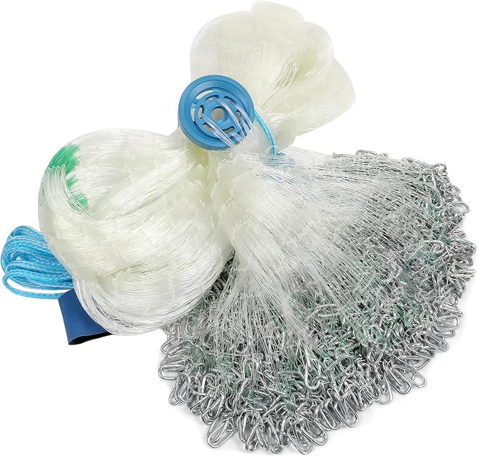 Lucky Monet 10/12/13.3/15ft Radius Large American Saltwater Fishing Cast Net for Bait Trap Fish, Easy Throw Thicken Nylon Line w/Upgraded Steel Chain Sinker, 5/8 Inches Mesh Size