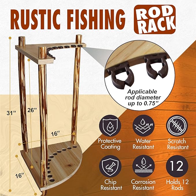 Corner Log 12 Fishing Rod Rack, Rustic