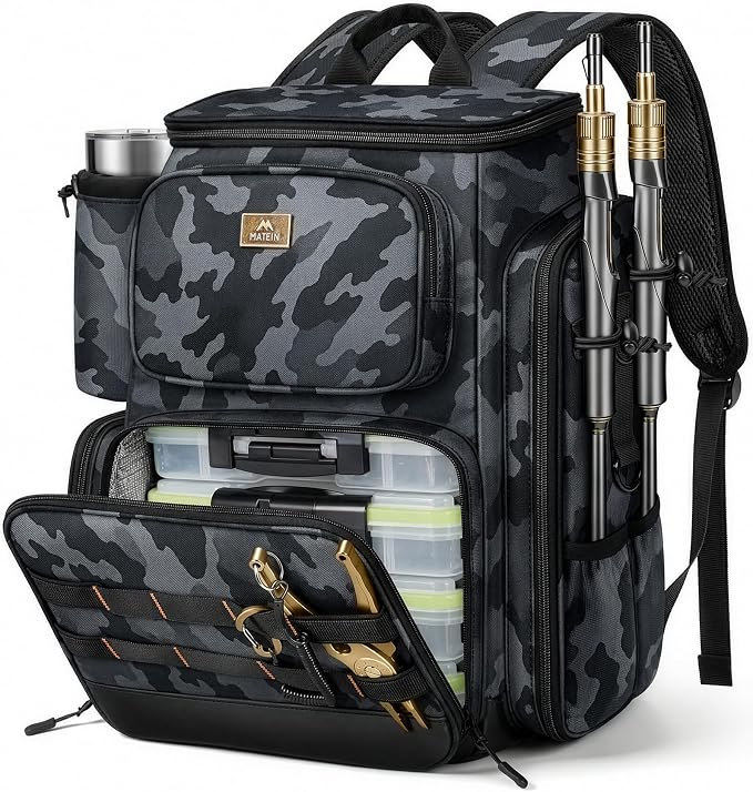 MATEIN Pro Fishing Backpack with 4 Tackle Boxes, 3600 Tackle Box Backpack | Fishing Bag with Rod Holder, Tackle Backpack with Large Side Gear Storage & Insulated Cooler Compartment, Fishing Gifts