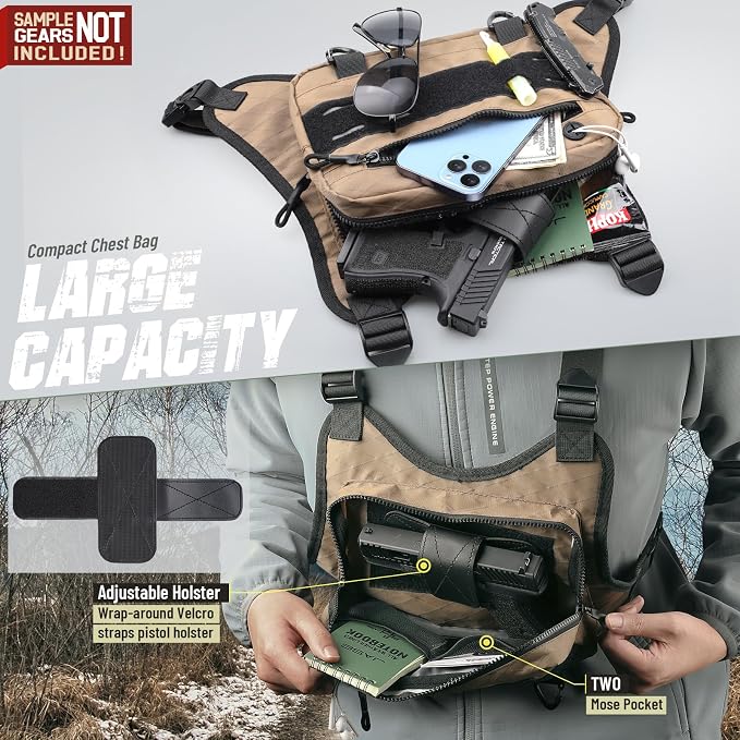 RXW Outdoor Sport Chest Rig for Men Women, Running Vest Bag with Pack Holster, Chest Pack Built in Phone Holder for Cycling, Camping,Travel, Hiking, Workouts, EDC（Brown）
