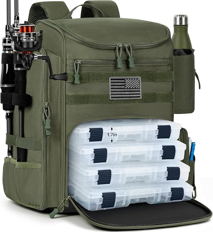 40L Fishing Backpack Water Resistant Fishing Tackle Bag with 2 Rod Holders, Tackle Storage Bag for Anglers(Green Bag Only)